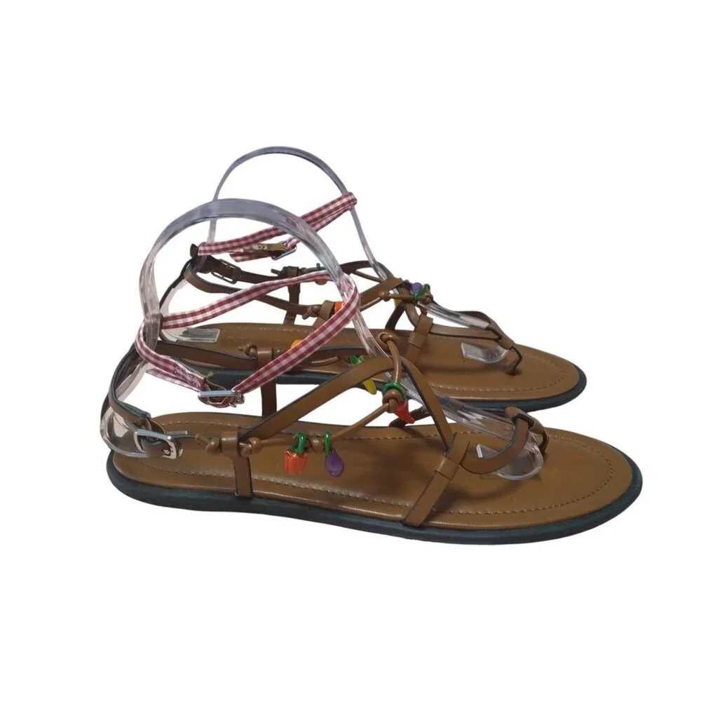Zara Women’s Size 39 Brown Flat Thong Sandals Strappy Charms Boho Travel  Hippie